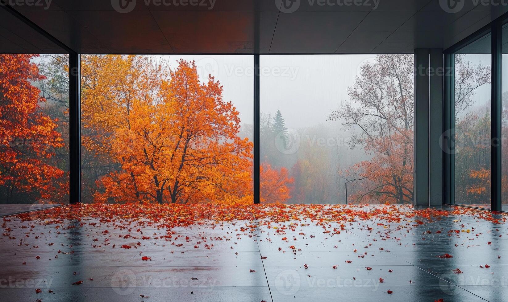 Minimalist space, floor-to-ceiling window, misty autumn landscape photo