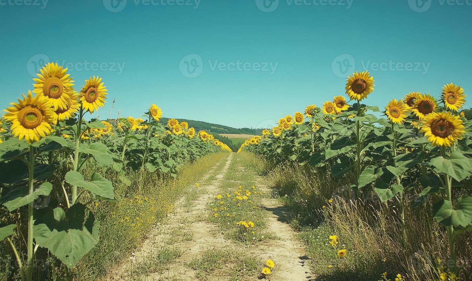 Path through sunflower field, tall blooms on both sides photo