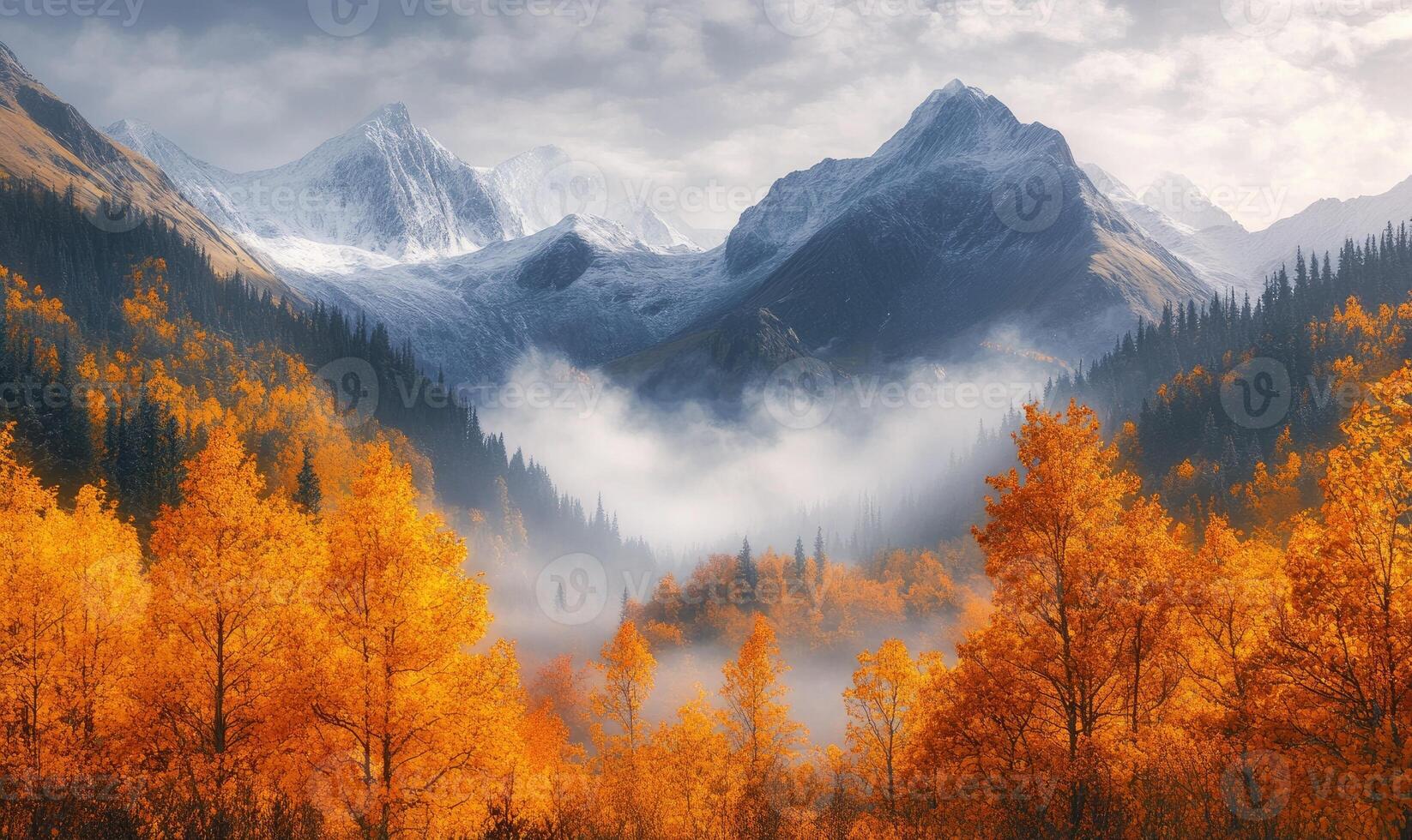 Majestic autumn landscape, mountain peaks photo