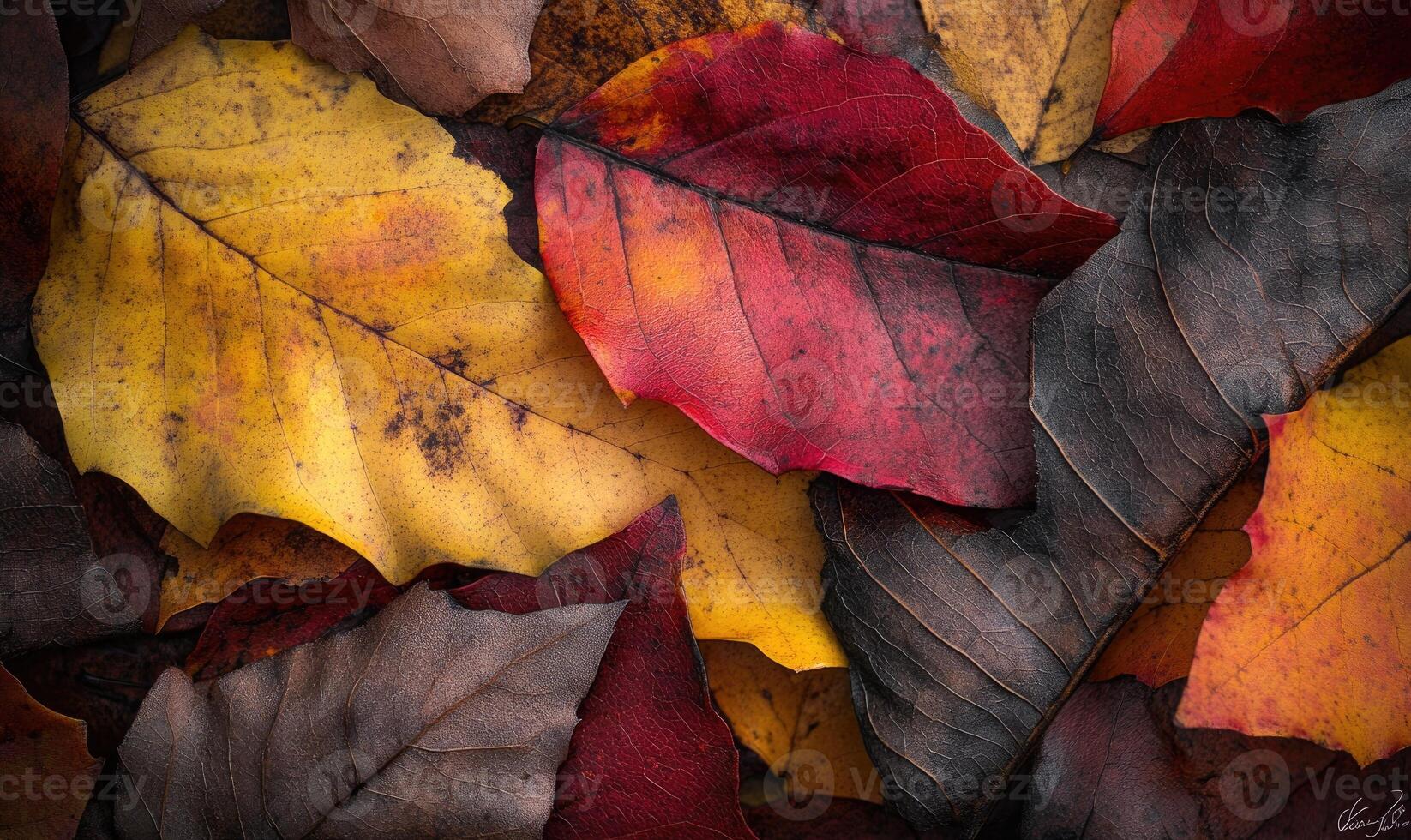 Layered autumn leaves, shades of gold and red, subtle shadows photo
