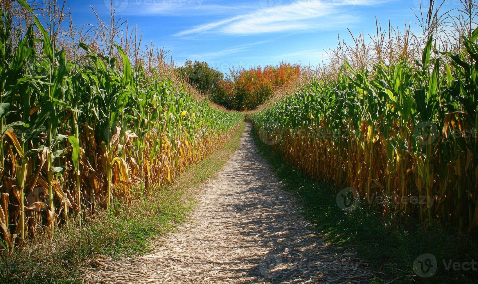 Path leading through cornfield, tall stalks photo