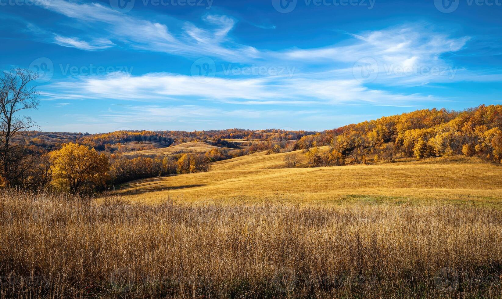 Peaceful autumn view, rolling hills, golden leaves, blue sky photo