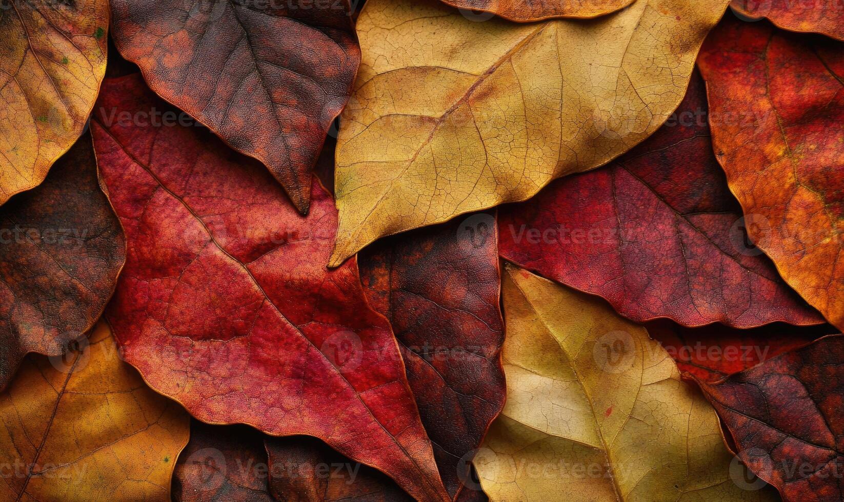 Layered autumn leaves, shades of gold and red, subtle shadows photo