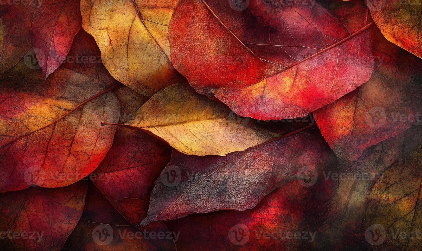 Layered autumn leaves, shades of gold and red, subtle shadows photo