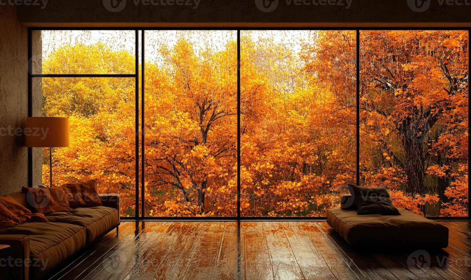 Minimalist space, panoramic window, autumn trees outside photo