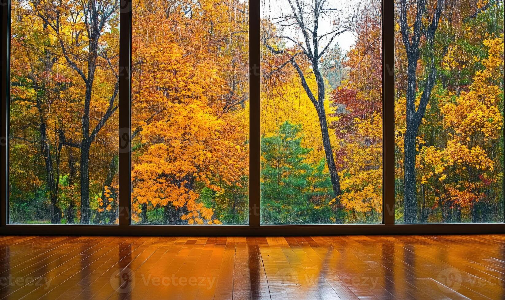 Minimalist space, panoramic window, autumn trees outside photo