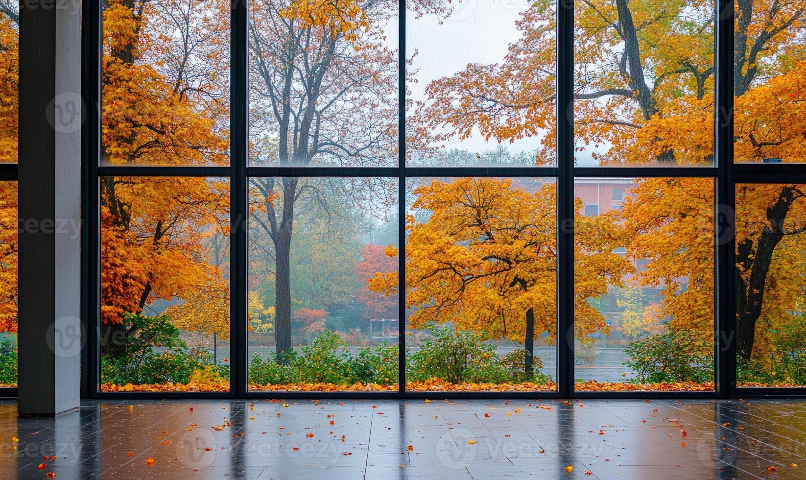 Minimalist space, panoramic window, autumn trees outside photo