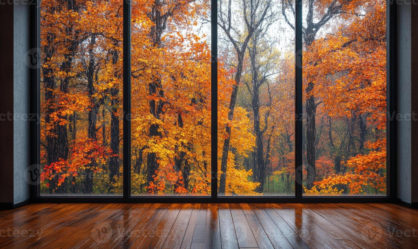 Minimalist space, panoramic window, autumn trees outside photo