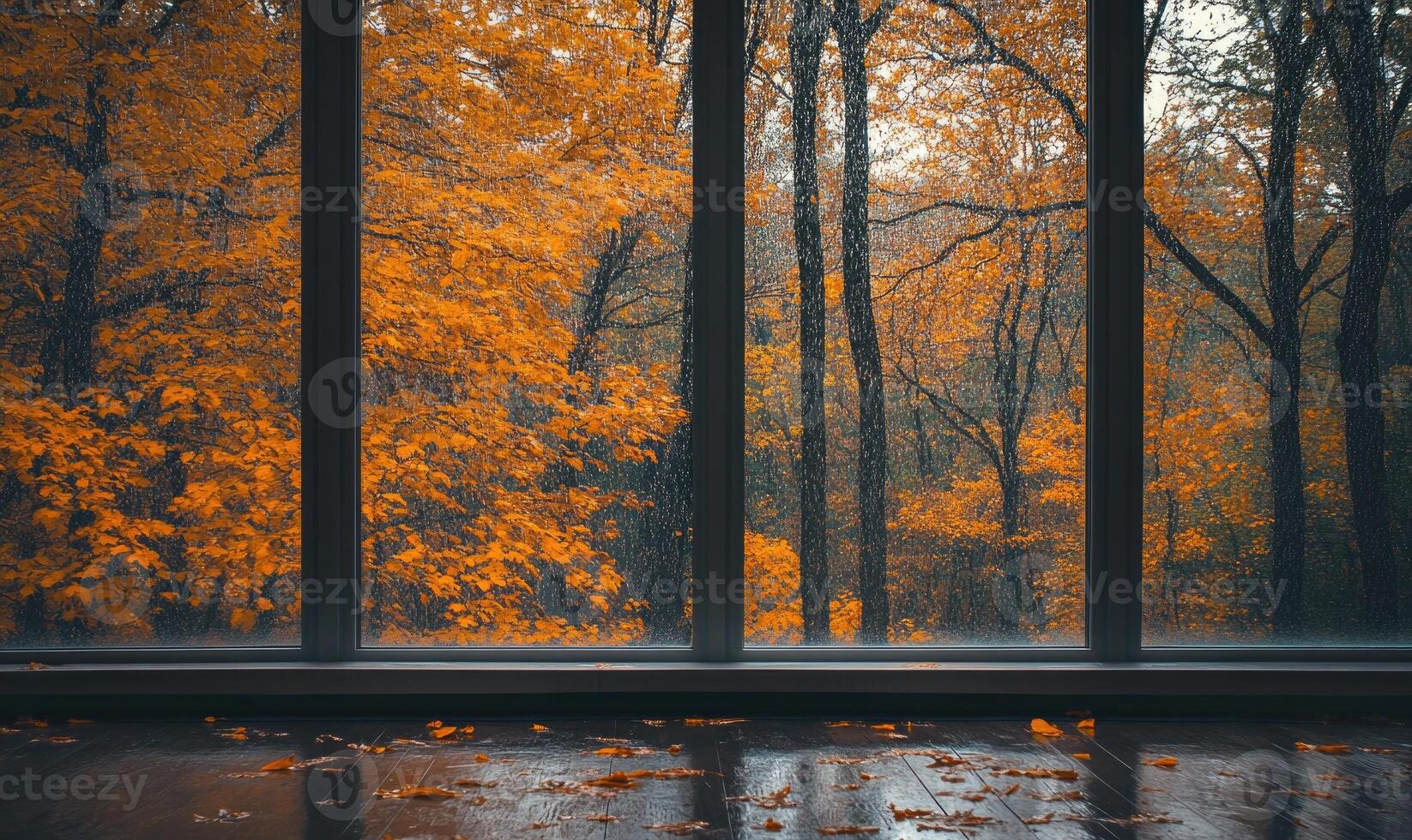 Minimalist space, panoramic window, autumn trees outside photo