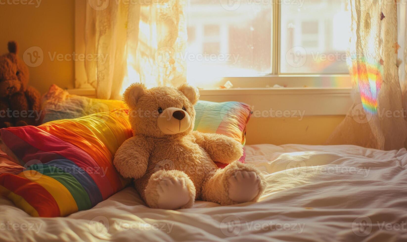 Plush bear on bed, rainbow pillows, light yellow walls photo