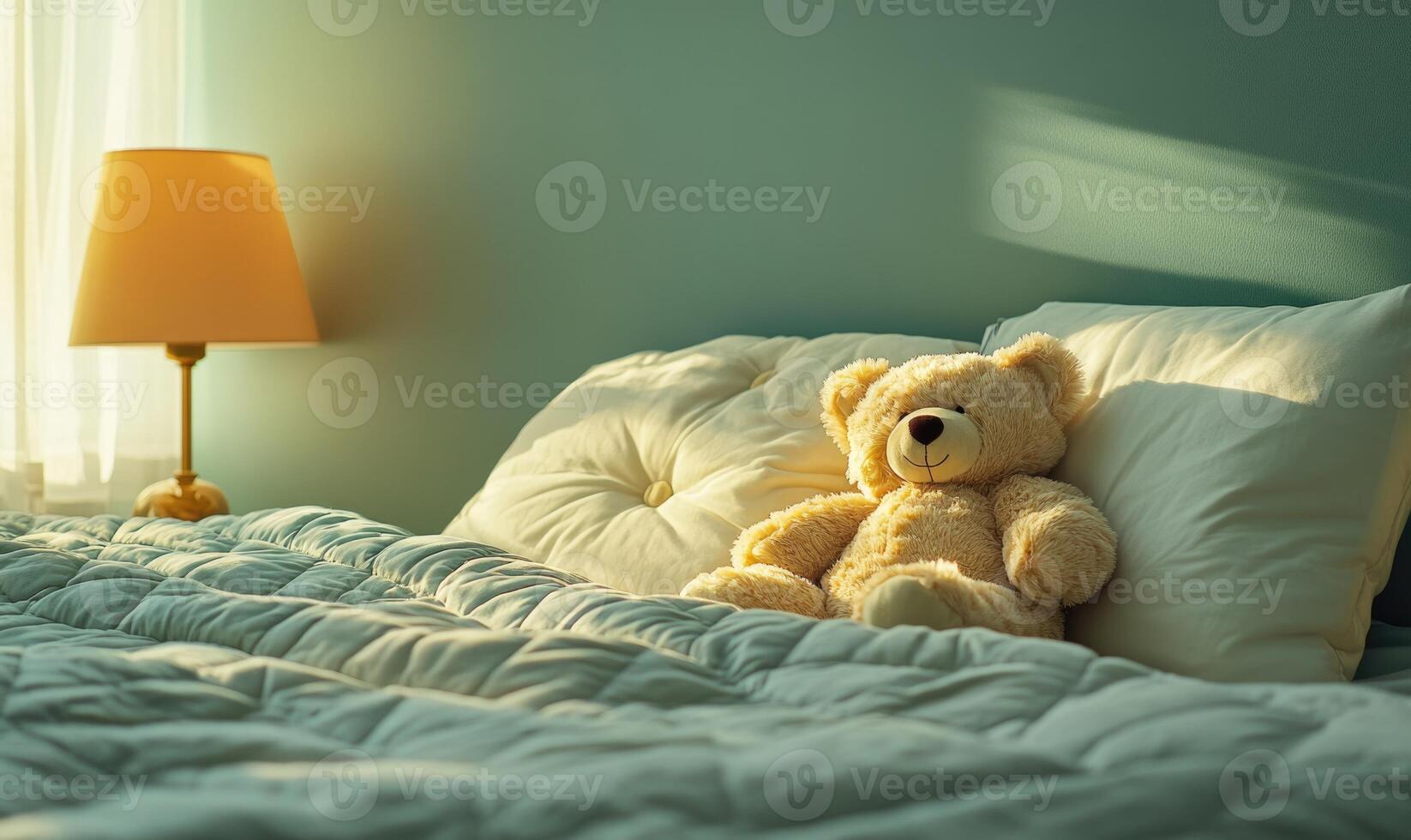 Plush teddy bear nestled in pillows, cozy knitted blanket photo