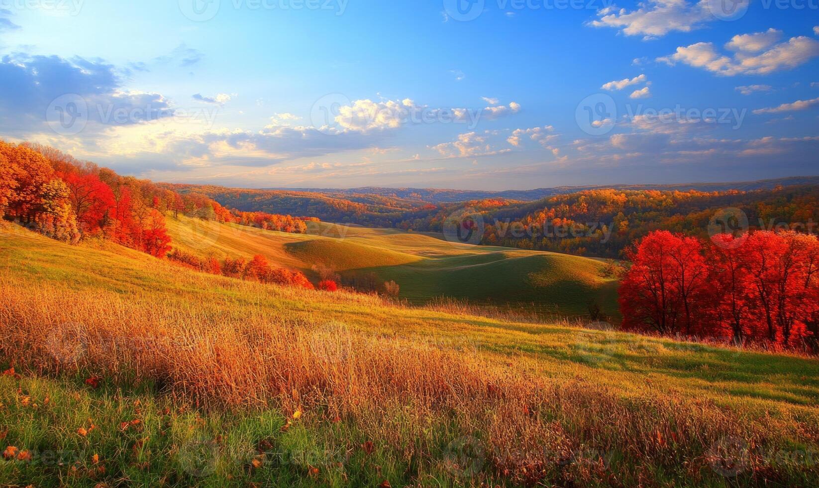 Vibrant fall scenery, rolling hills, golden trees, distant mountains photo