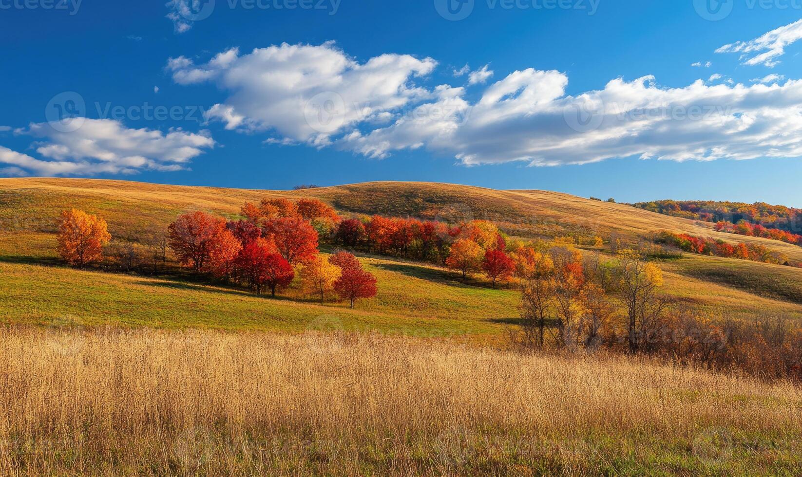 Vibrant fall scenery, rolling hills, golden trees, distant mountains photo