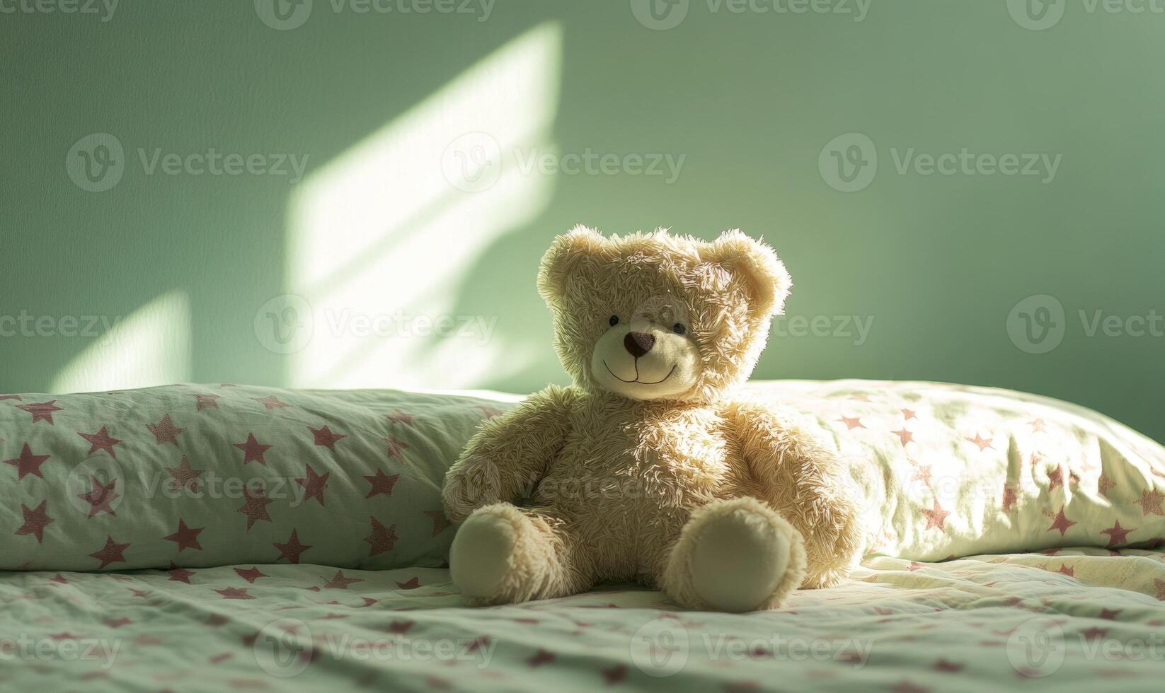 Plush teddy bear nestled in pillows, cozy knitted blanket photo