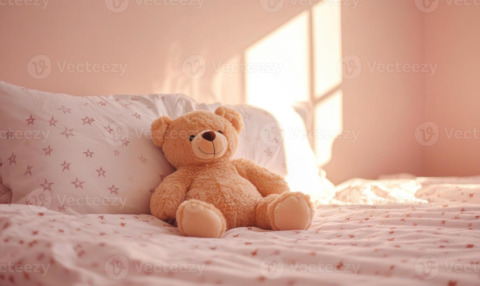 Plush bear on bed, star-patterned bedding, light pink walls photo