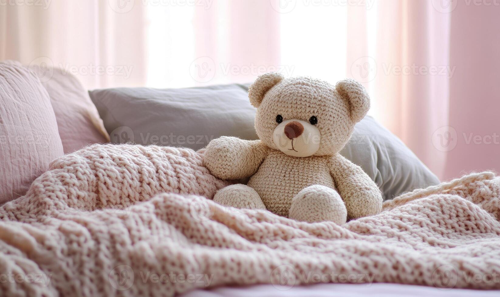 Plush bear surrounded by pillows, cozy knitted blanket photo