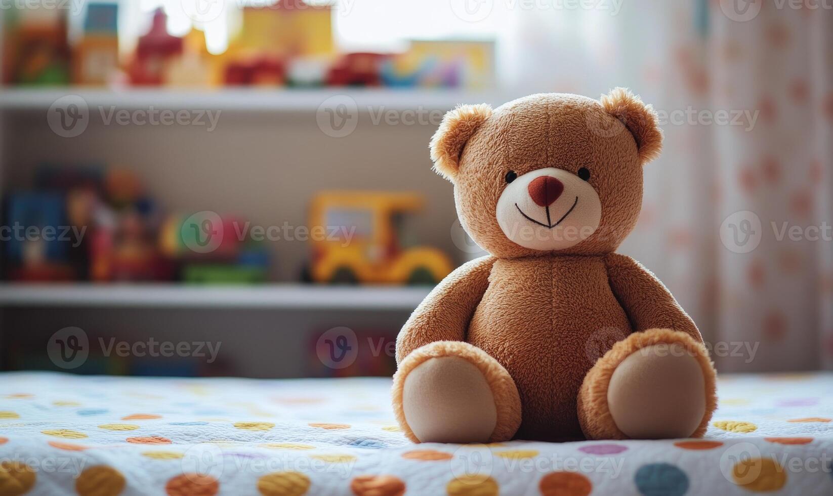 Plush bear sitting upright on bed, polka dot quilt, toy shelf in background photo