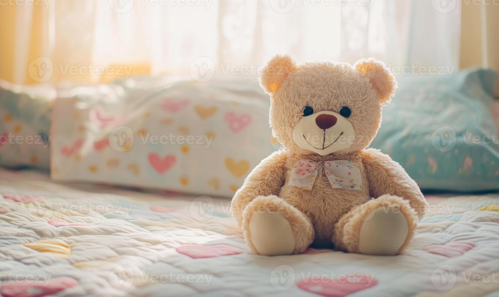 Teddy bear sitting upright on bed, colorful bedding photo
