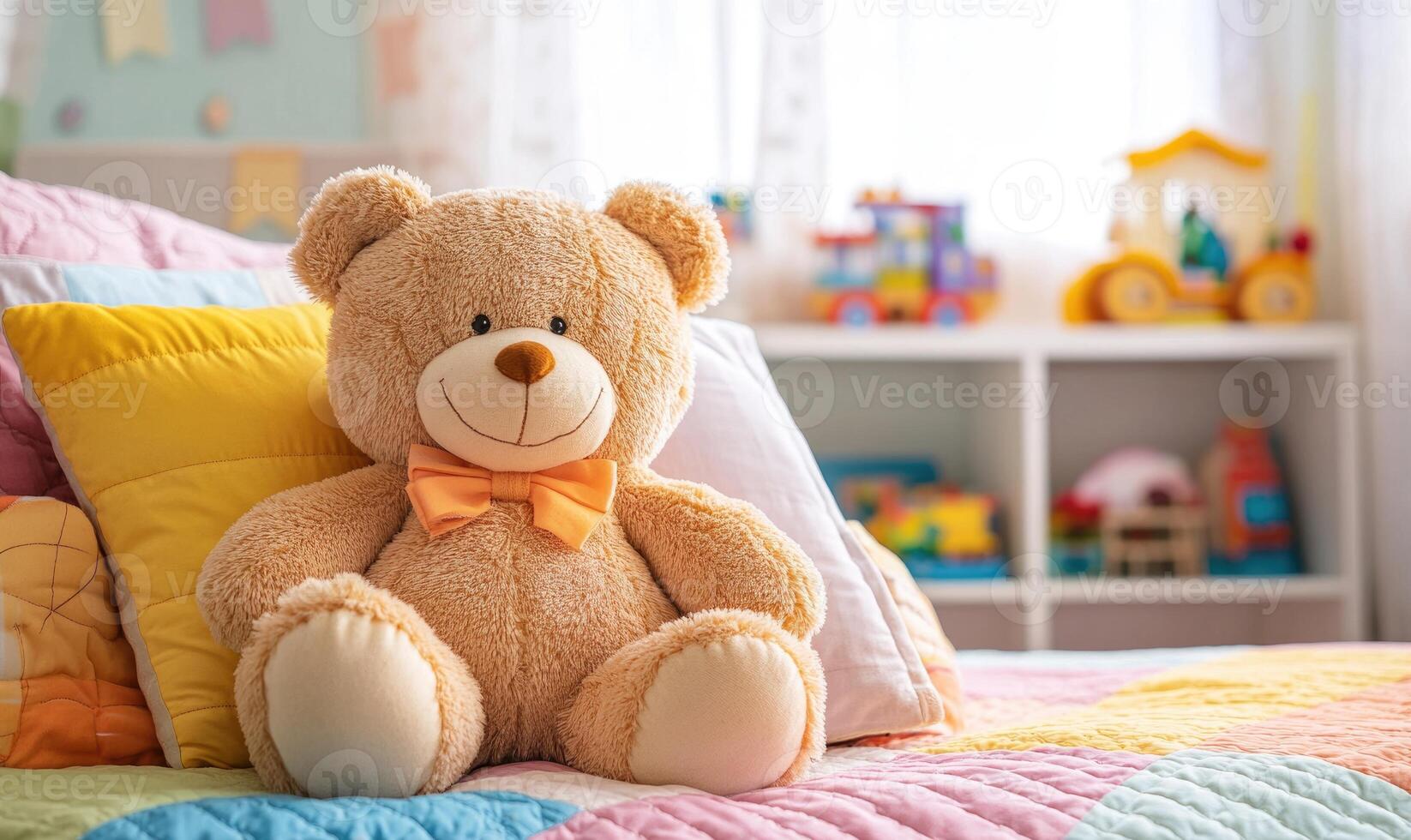 Teddy bear leaning against cushions photo
