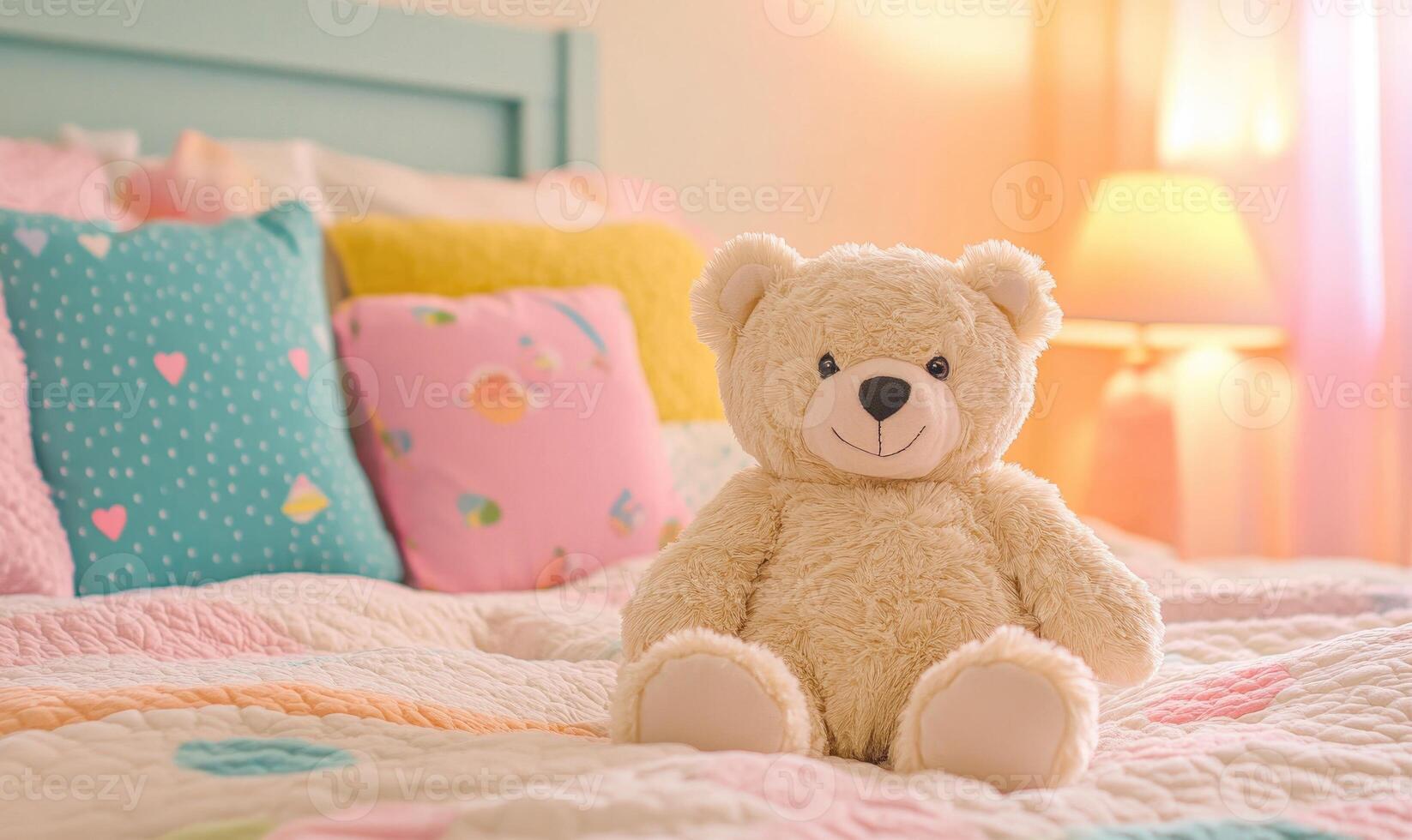 Plush bear sitting on bed, colorful pillows, cozy blankets photo