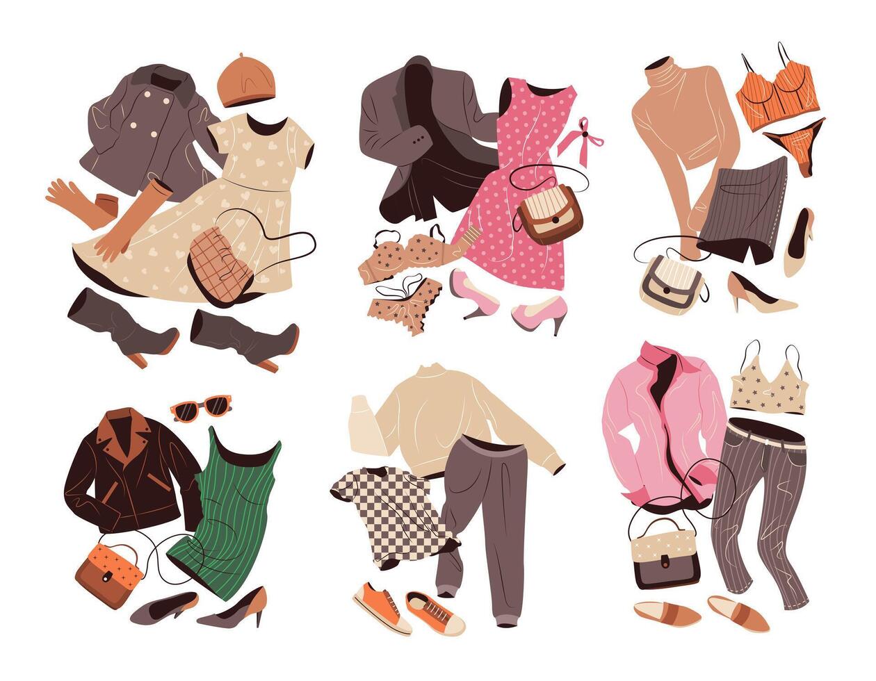 Outfits set in casual style for women. Fashion clothing, accessories, shoes for spring and fall. isolated flat illustrations on background vector