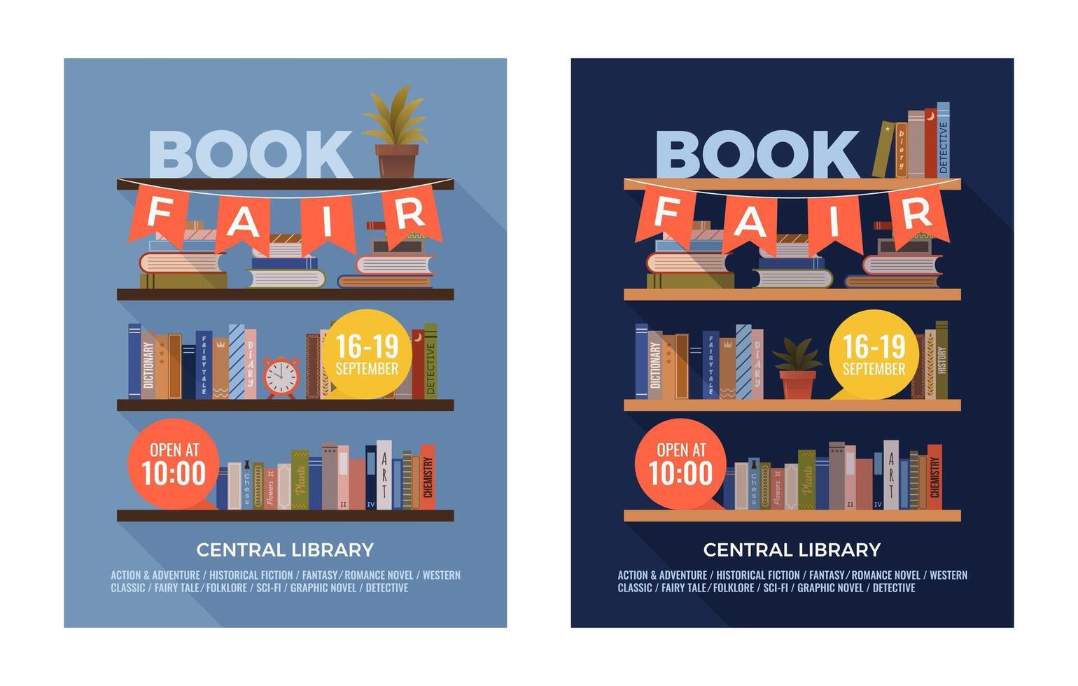 Set of book fair or festival vertical posters for advertising, promo, invitation, sale. Shelves with various books. multicolored banner. Education and fun event concept. World book day. vector