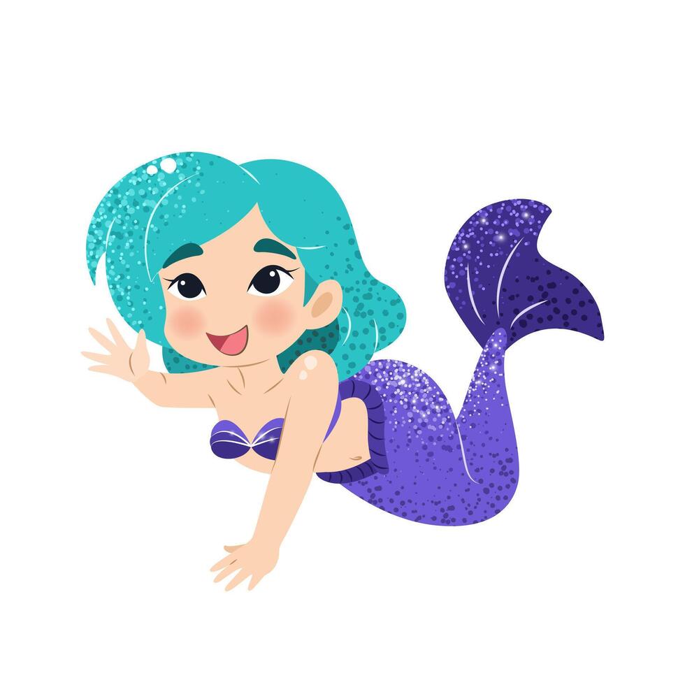 Cute cartoon little mermaid. illustration in flat style. Graphic design for children, wallpapers, posters, greeting cards, prints. Magical creature. vector
