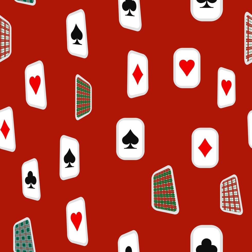 Red, black, golden suits of playing cards seamless pattern. Spades, crosses, diamonds, heart vector