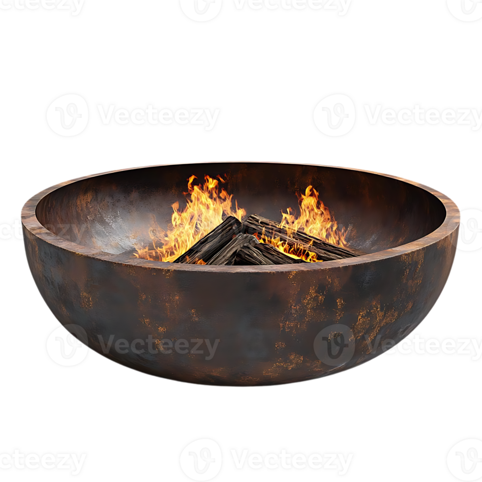 Fire Pit with Flames Burning in a Rustic Metal Bowl, Transparent Background png