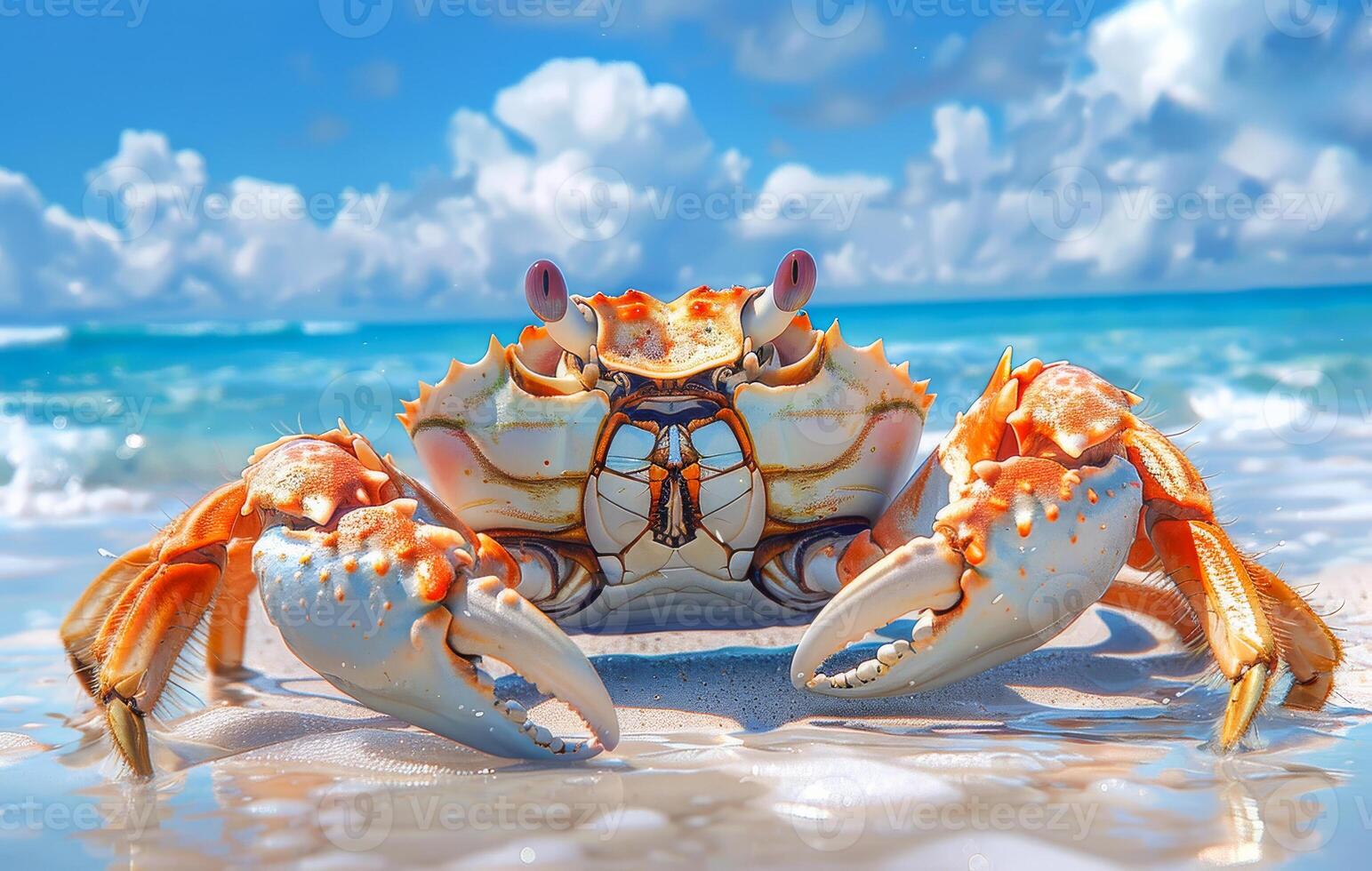 A crab is standing on the beach, looking out at the ocean. The scene is peaceful and serene, with the crab being the main focus of the image photo