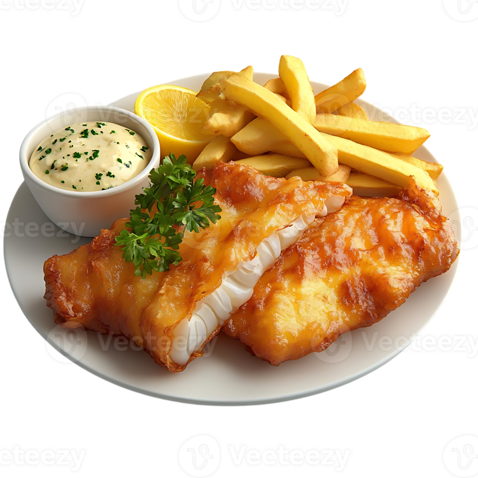 Crispy Fried Fish and Chips with Lemon and Tartar Sauce on a Transparent Background png