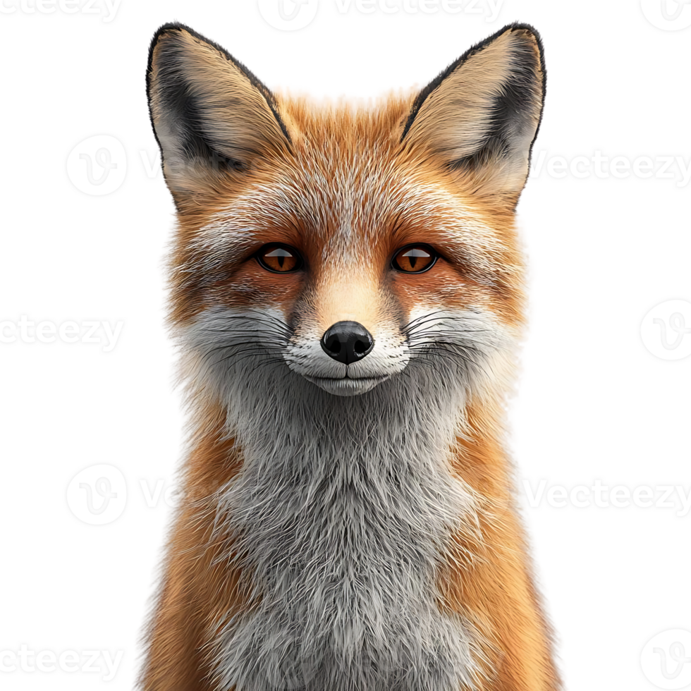 A Curious Red Fox with a Transparent Background, Looking Directly at the Camera with a Soft Gaze, with a Fluffy Tail, Isolated and Ready for Your Designs. png