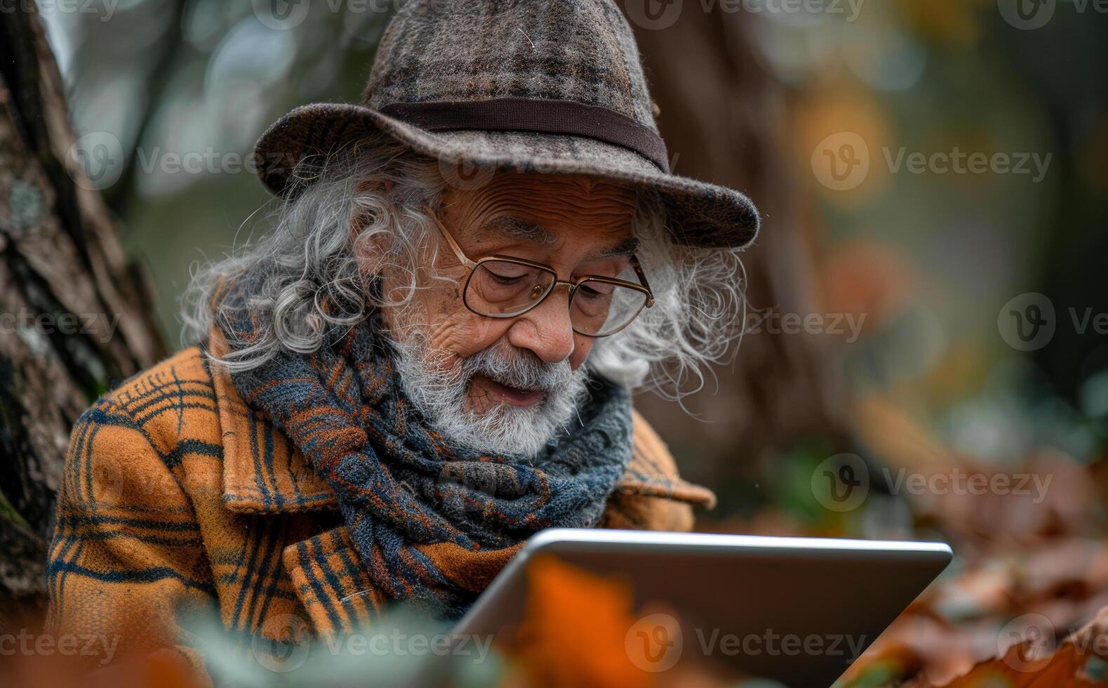 An older man wearing a hat and glasses is sitting on the ground and looking at a tablet. He is enjoying the content on the screen photo