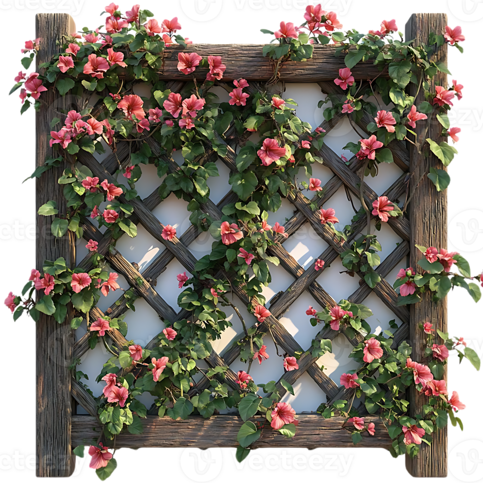 Pink Flowers Climbing on a Wooden Lattice with a Transparent Background png