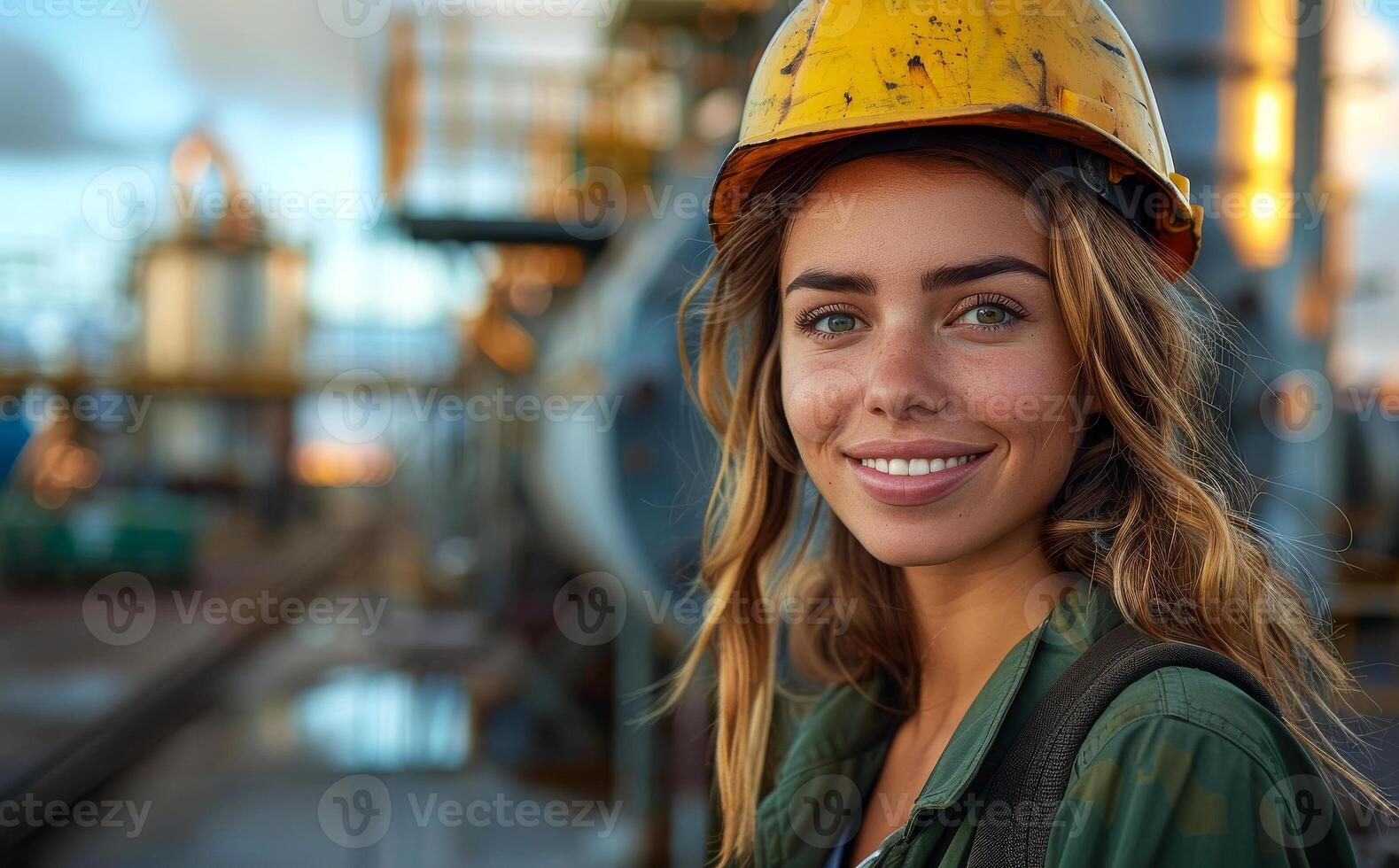 A woman wearing a yellow hard hat and a green jacket is smiling photo