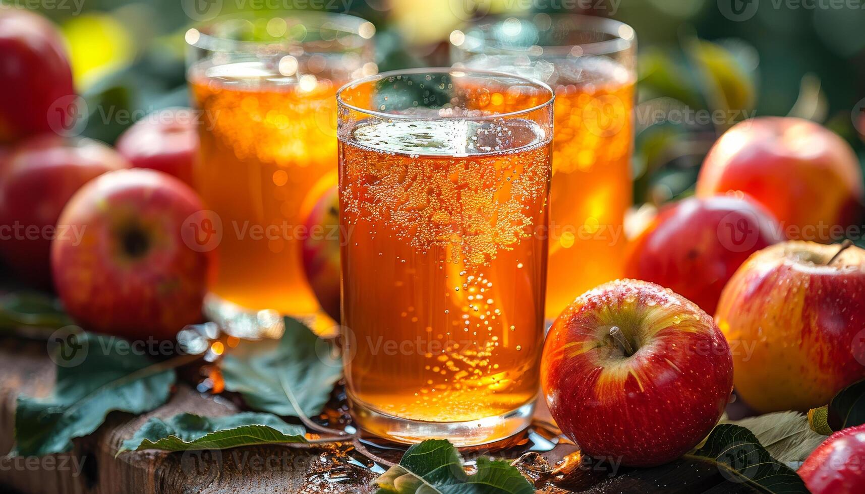 Three glasses of apple juice are on a table with apples. The apples are shiny and red, and the juice is bubbly and frothy. The scene is inviting and refreshing, perfect for a hot summer day photo