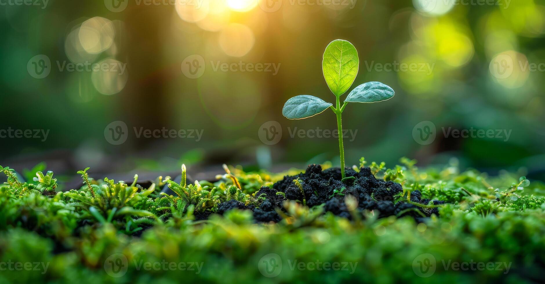 A small plant is growing in the dirt. The plant is surrounded by green moss and is in the shade photo