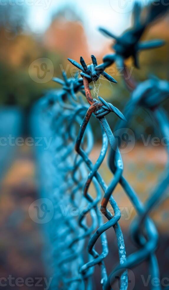 A blue chain link fence with a rusty barbed wire on top. The fence is surrounded by a field photo