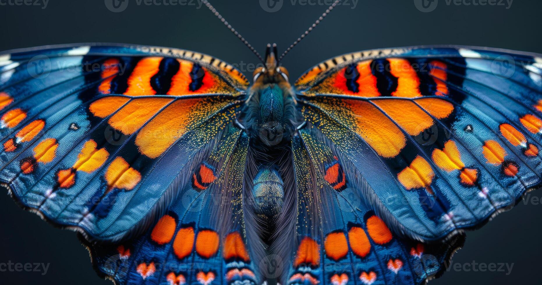 A butterfly with blue and orange wings. The butterfly is in the middle of the image photo