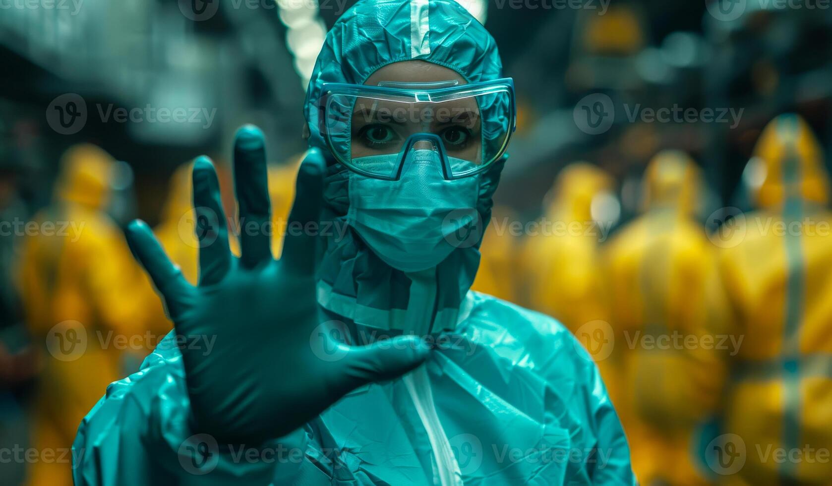 A woman in a green lab coat and goggles is holding her hand up to stop something. The scene is set in a lab or a hospital, and the woman is wearing a mask. Scene is serious and focused photo