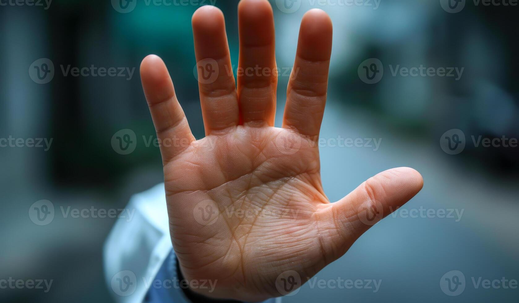 A hand is raised in the air, with the thumb pointing down. Concept of caution or warning, as if the person is trying to stop something or prevent an action from happening photo