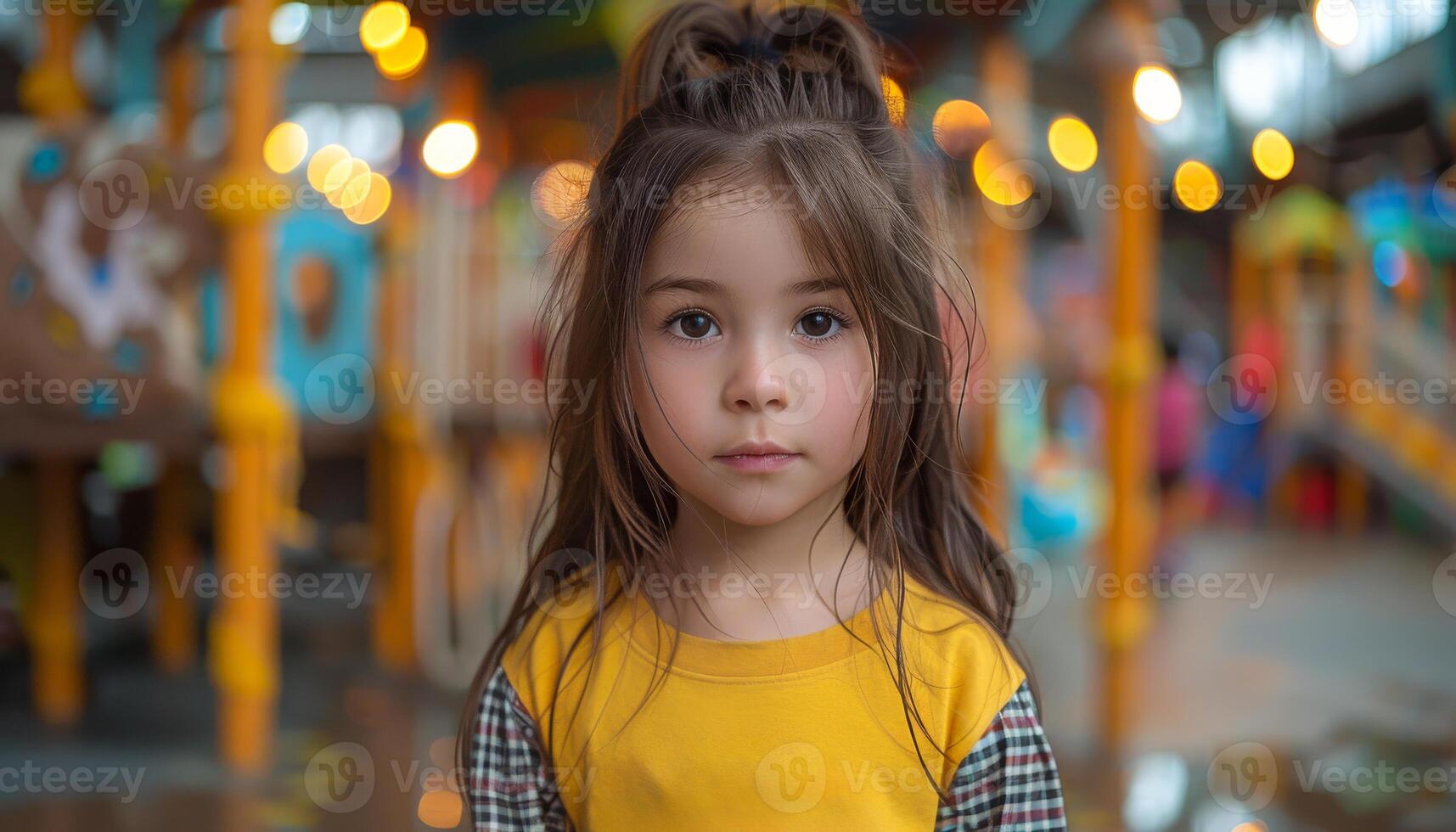 A young girl with long brown hair and a yellow shirt stands in front of a playground. She looks serious and focused photo
