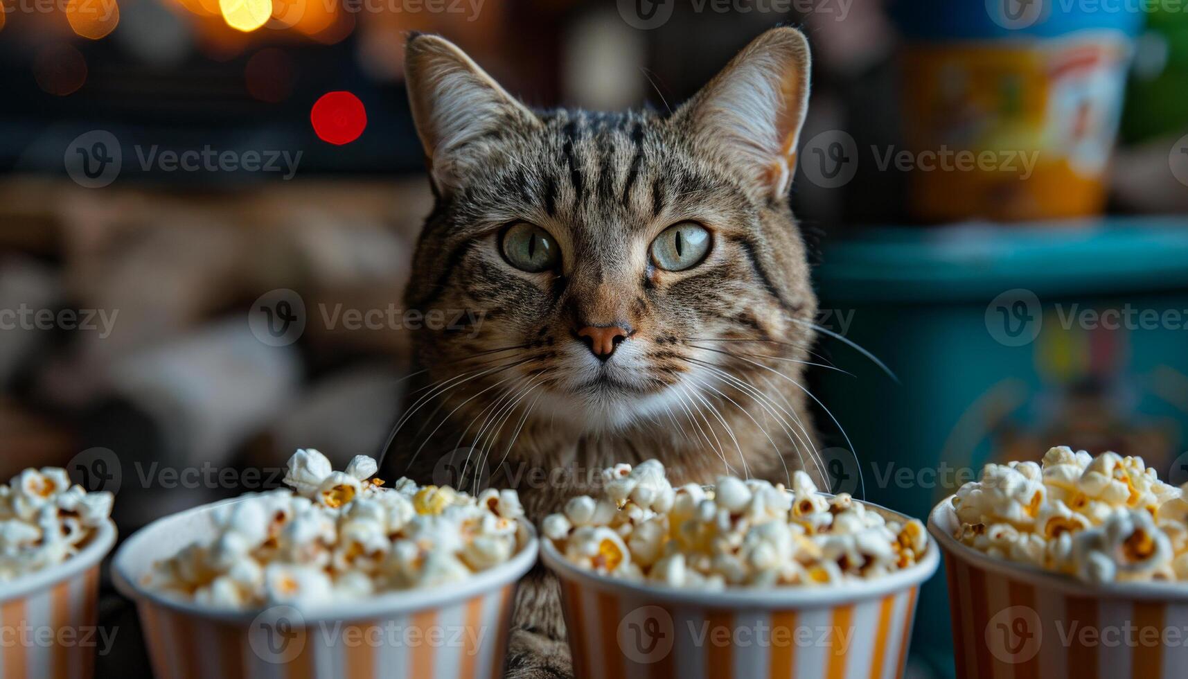 A cat is standing in front of four bowls of popcorn. The cat is looking at the camera with a curious expression. The scene is playful and lighthearted, as the cat seems to be enjoying the popcorn photo