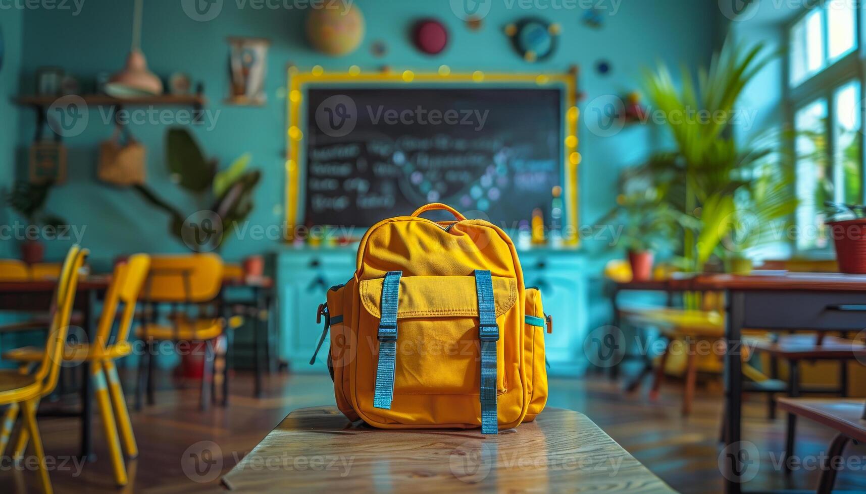 A yellow backpack sits on a wooden table in a classroom. The room is decorated with colorful posters and plants, creating a bright and welcoming atmosphere. The backpack is the main focus of the image photo