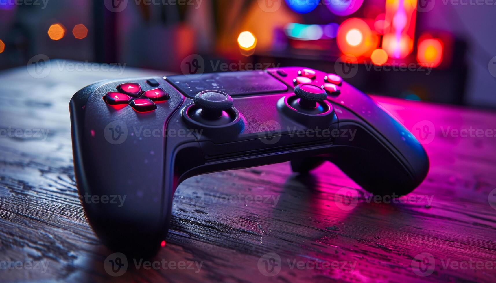 A black controller with red buttons sits on a wooden table photo