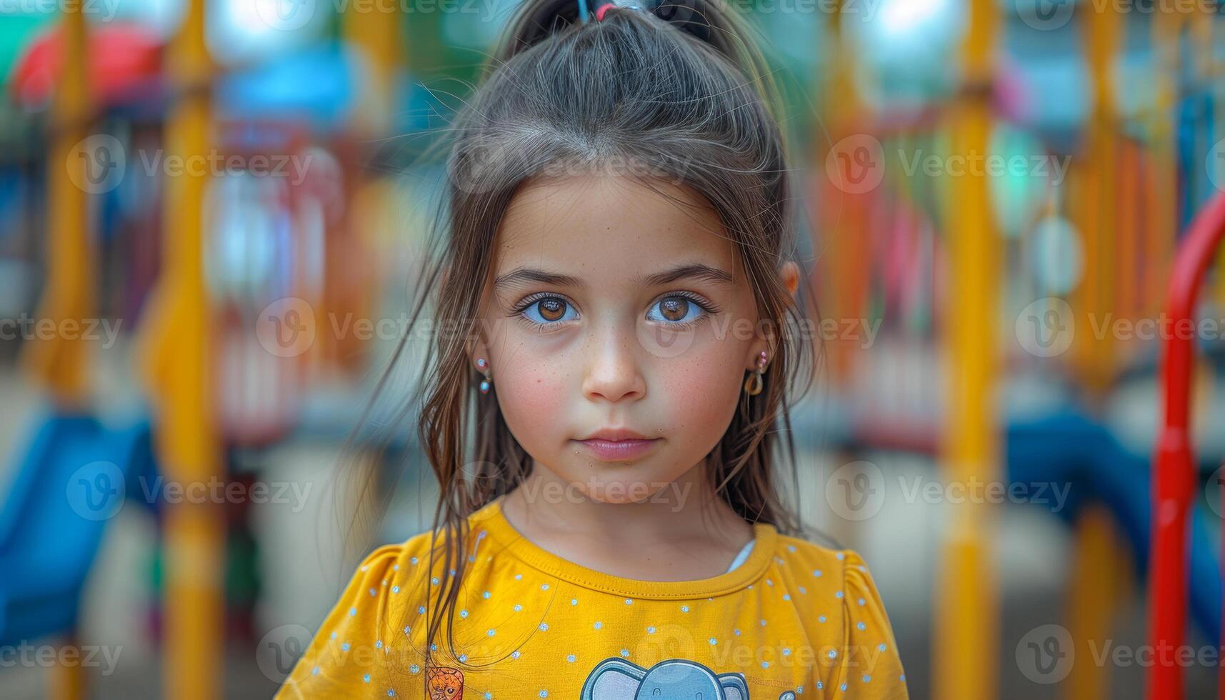 A young girl wearing a yellow shirt stands in front of a playground. She has her hair in a ponytail and is looking directly at the camera photo