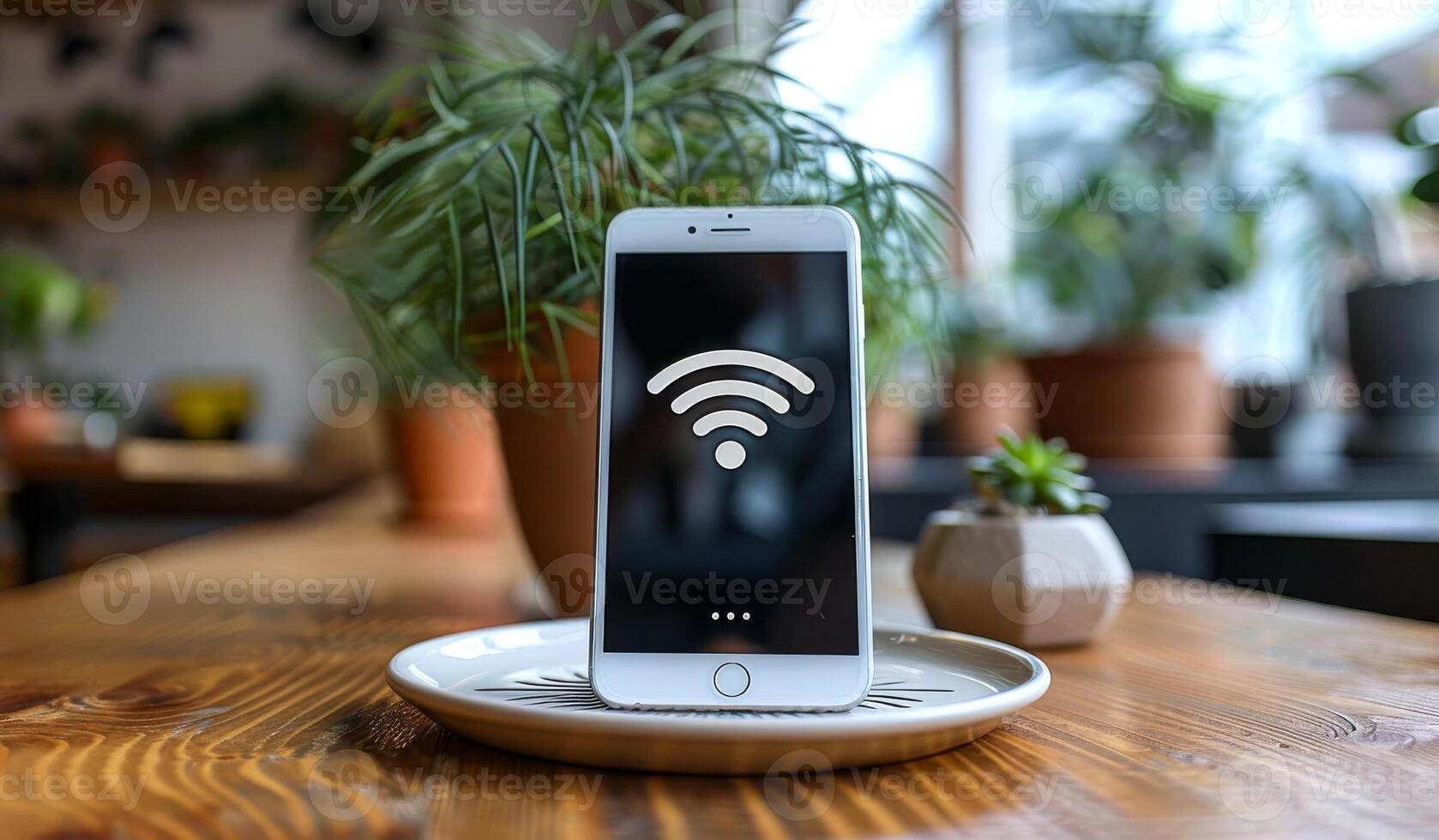 A white phone with a wifi symbol on it is sitting on a white plate on a wooden table photo