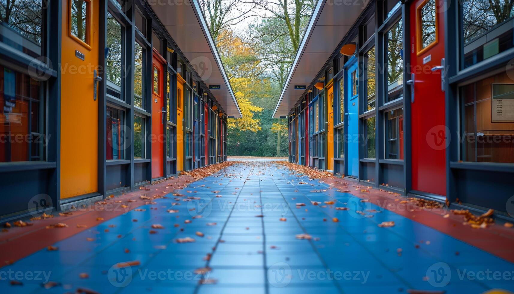 A hallway with many doors and windows. The hallway is mostly blue and red photo