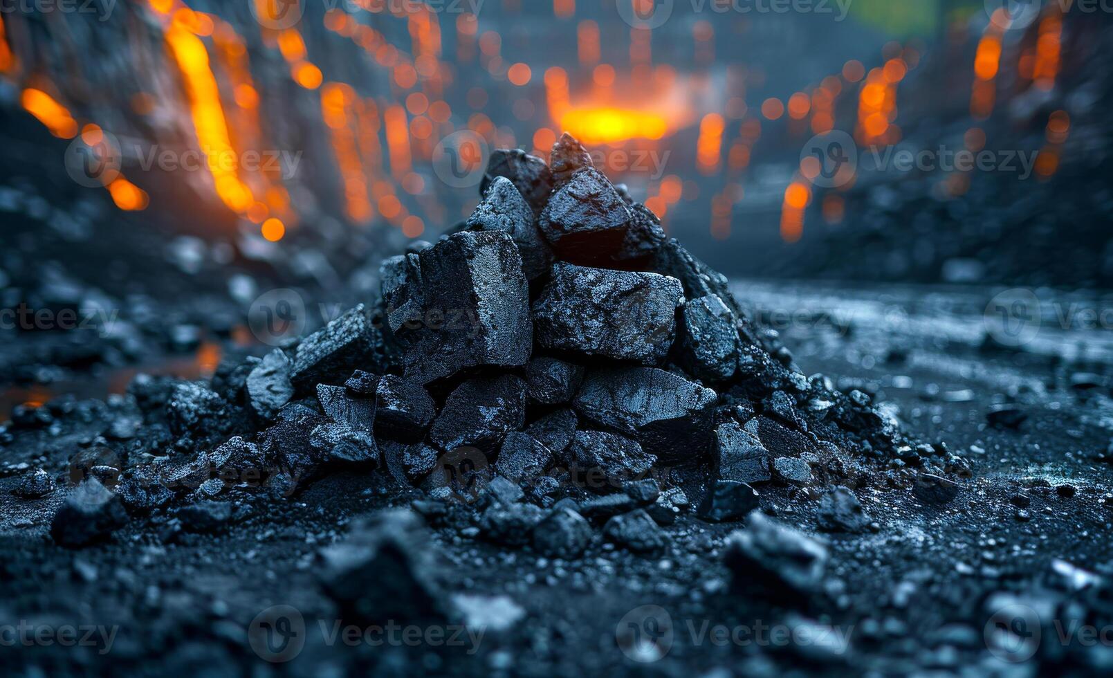 A pile of black rocks with a lava flow in the background. Scene is dark and ominous photo