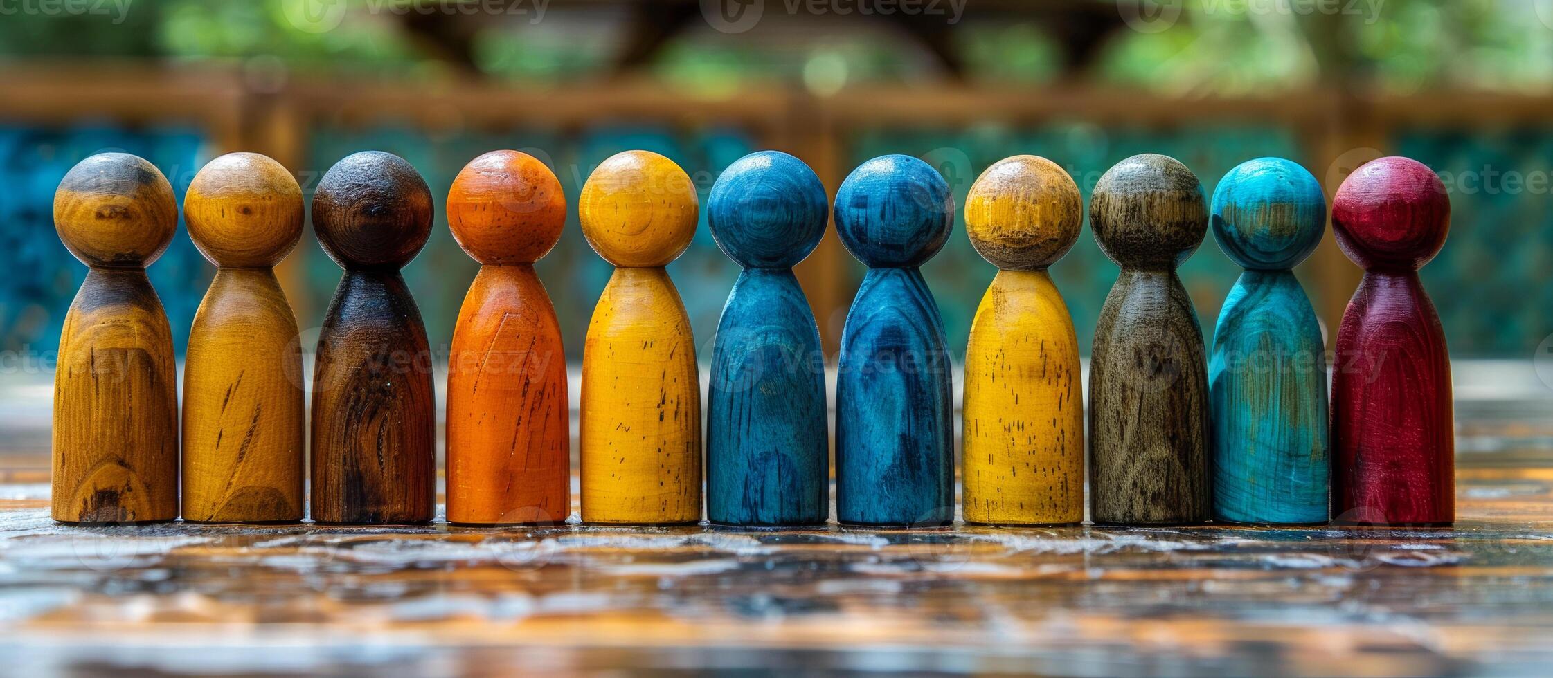A row of wooden figurines with different colors and sizes. The colors are yellow, blue, red, and green photo